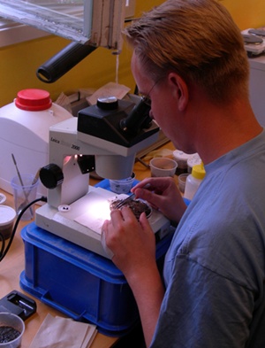 Jens analyserar våra jordprover direkt i fält och kan på så vis hålla en god kontakt med oss arkeologer medans vi gräver. Foto: Kenneth Svensson, Arkeologikonsult.