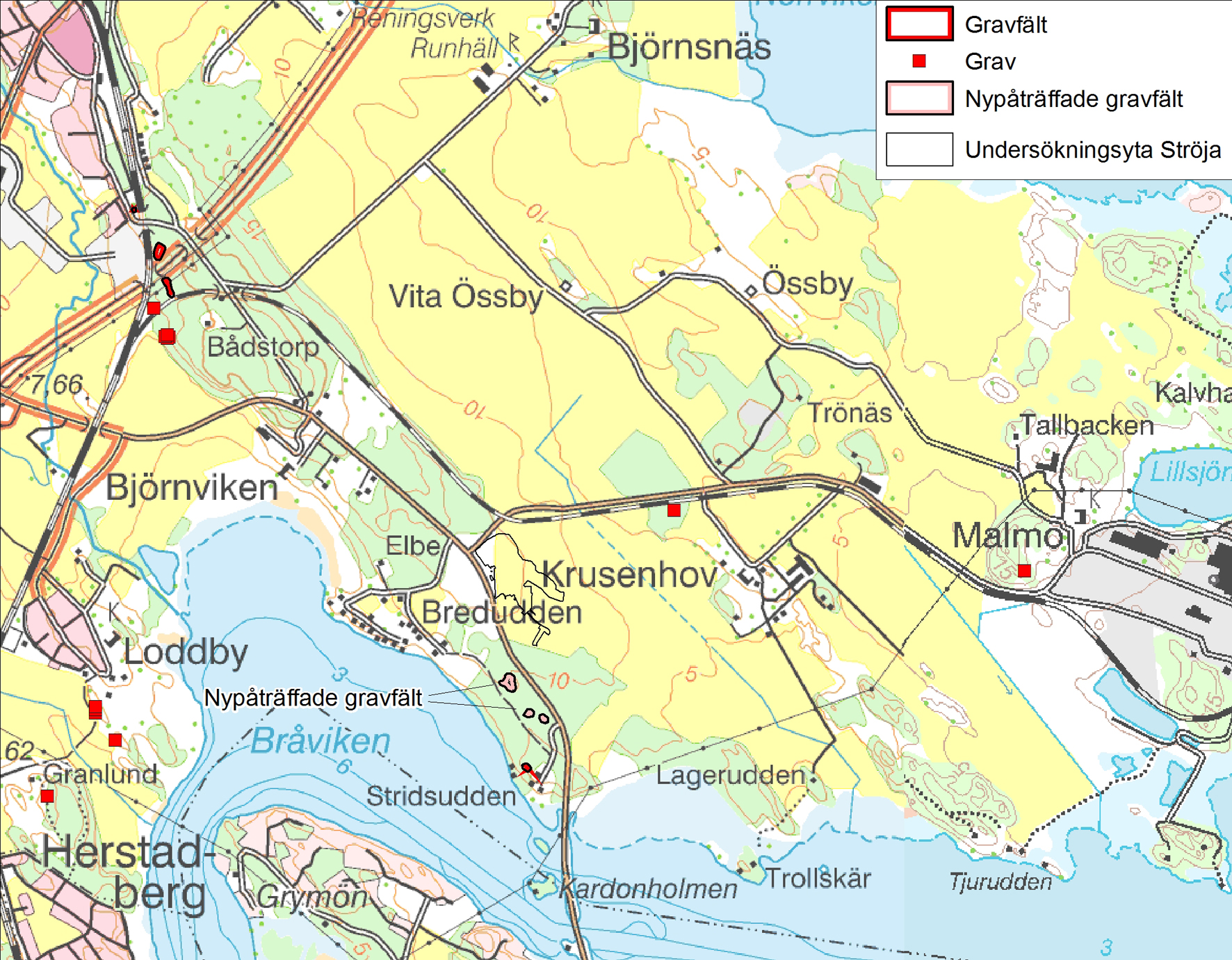 Karta över Malmölandet med registrerade gravar och gravfält. Det är förvånansvärt få kända gravar och gravfält i närområdet. De nyupptäckta gravfälten är markerade söder om vårt undersökningsområde.